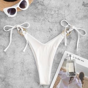 Ribbed Ring Tie Side Bikini Bottom - White M